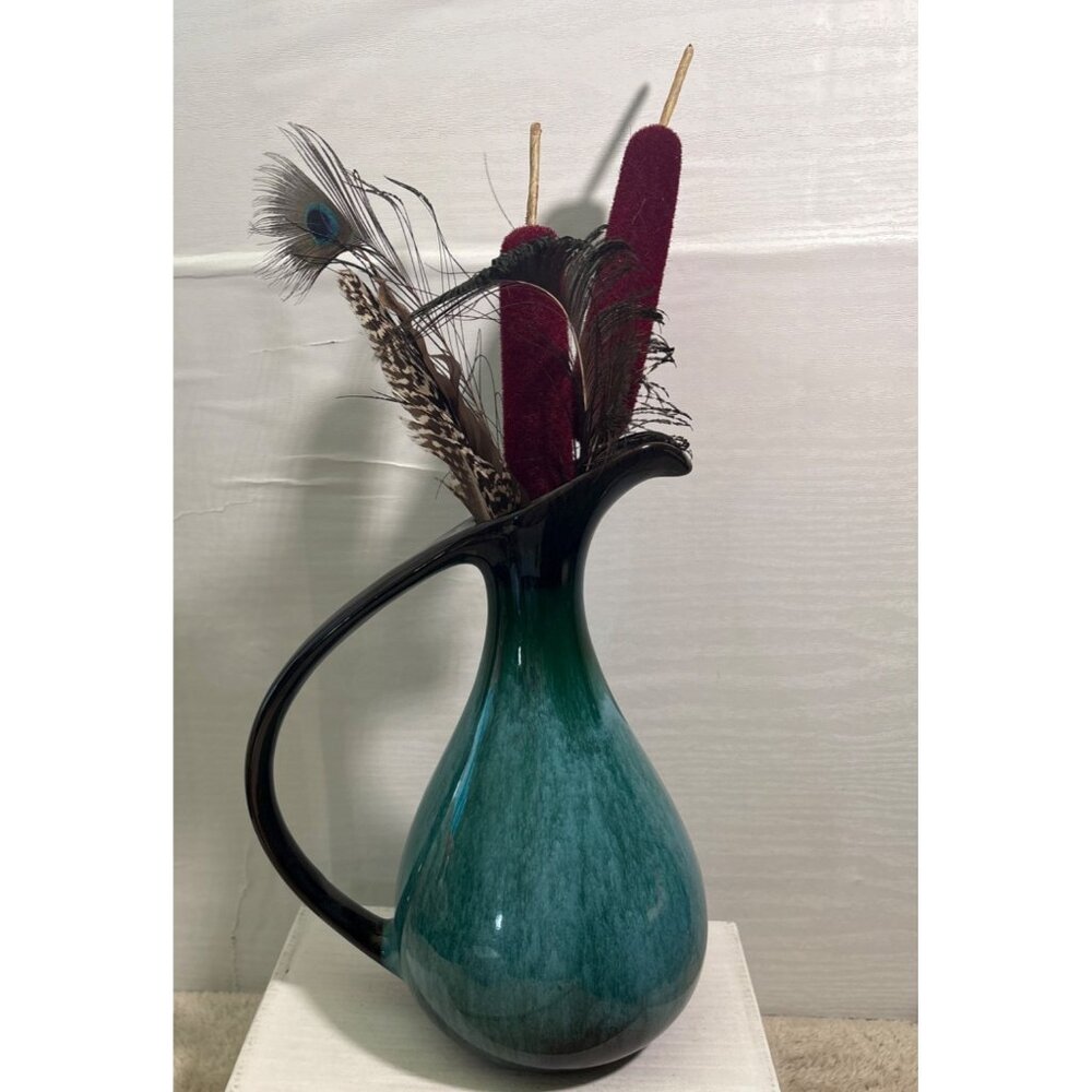 Vtg Blue Mountain Pottery Ceramic Pitcher Vase w/ Peacock & Feather 10"Tall